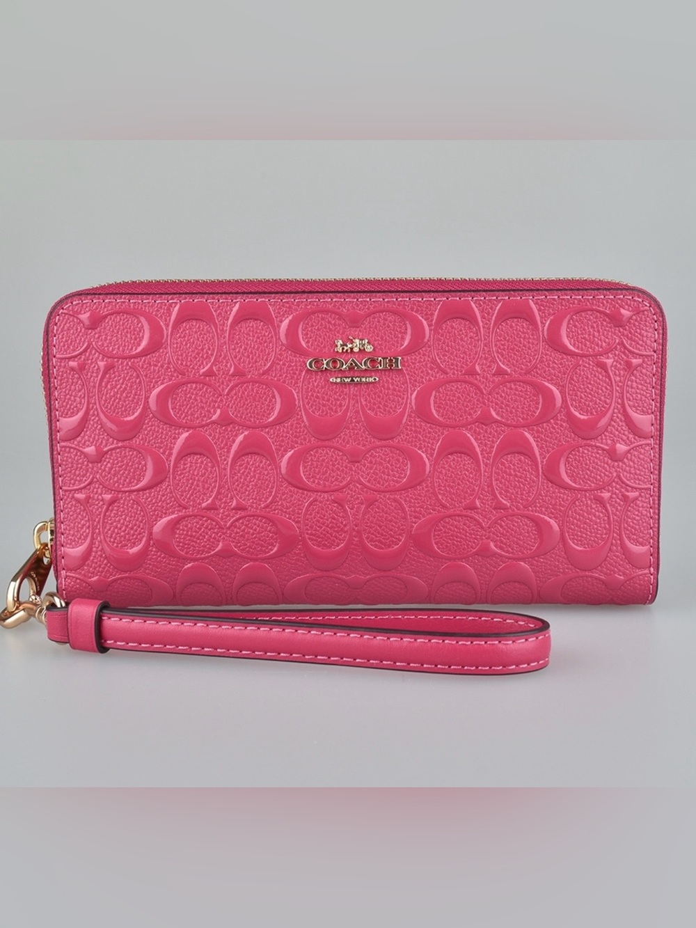 NWT Coach Accordion Zip Signature Debossed Patent Leather Wallet in Strawberry - Picture 4 of 10